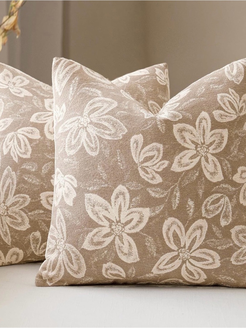 Floral Pattern Throw Pillow Cover Pair in Taupe and White